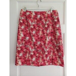 Ann Taylor red watercolor print pencil skirt 12 cotton stretch career classic